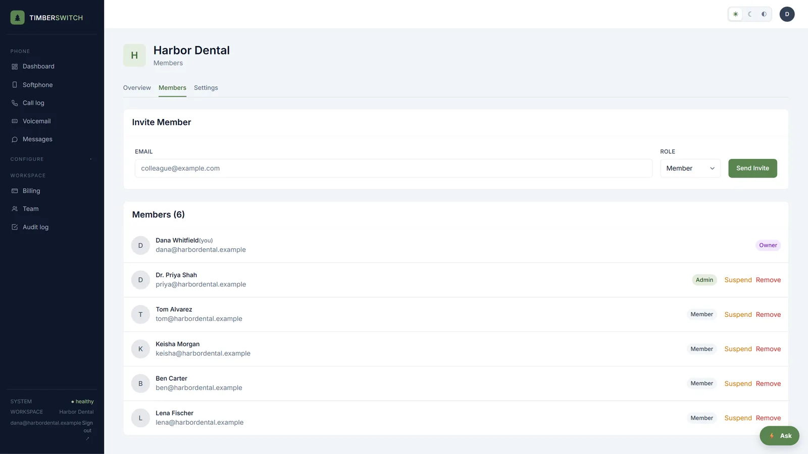 The members page for a demo office: an invite form with a role picker and six members, each with an owner, admin or member role and suspend and remove buttons