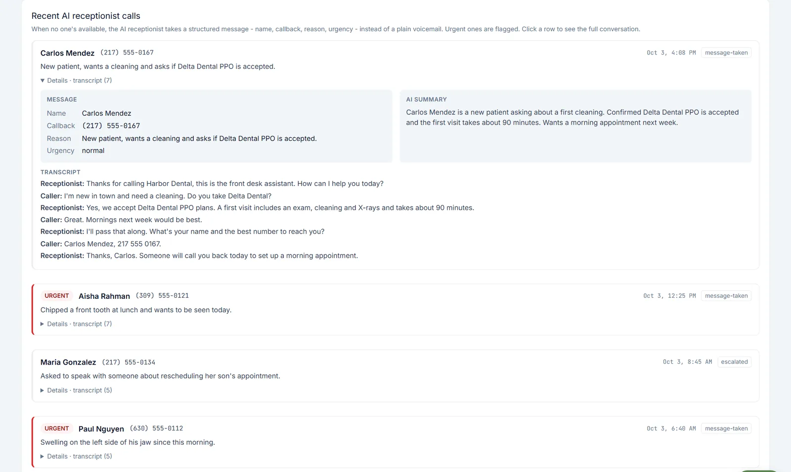 Recent AI receptionist calls: one expanded to show the message with name, callback number, reason and urgency, an AI summary and the full transcript, with urgent calls flagged in red below