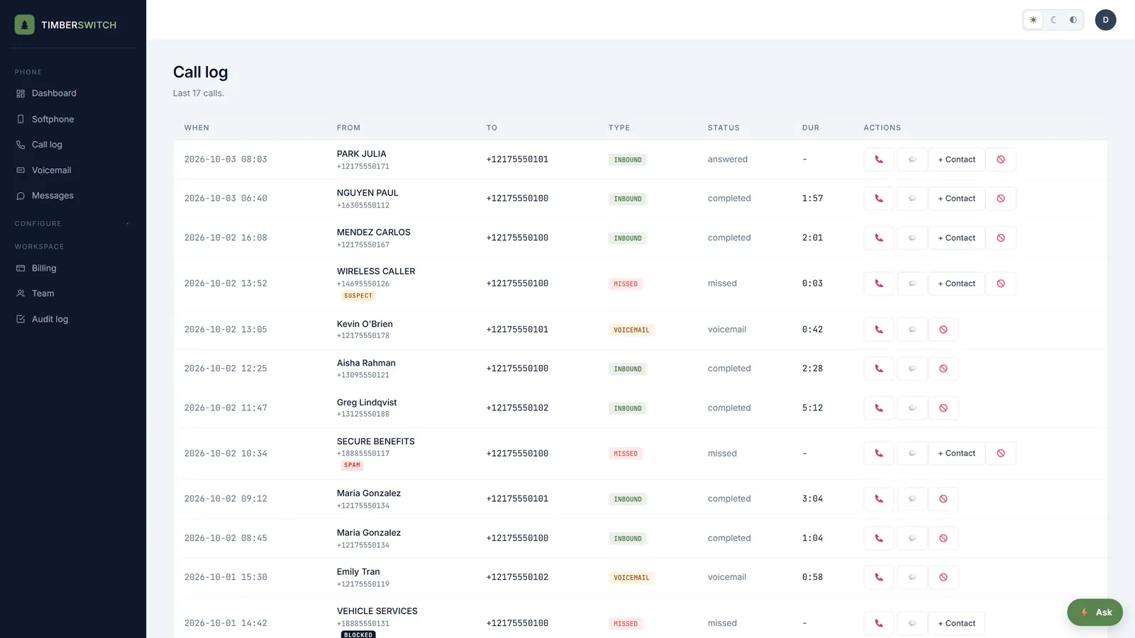 The call log with SPAM, SUSPECT and BLOCKED tags on unwanted callers and a block button on each inbound call