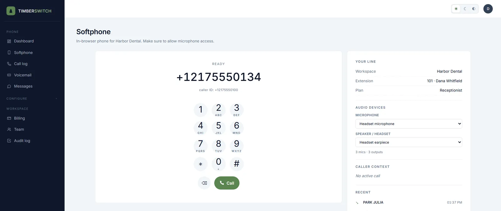 The browser softphone: a dial pad with a number entered, the line panel showing the workspace, extension and package, audio devices and recent calls