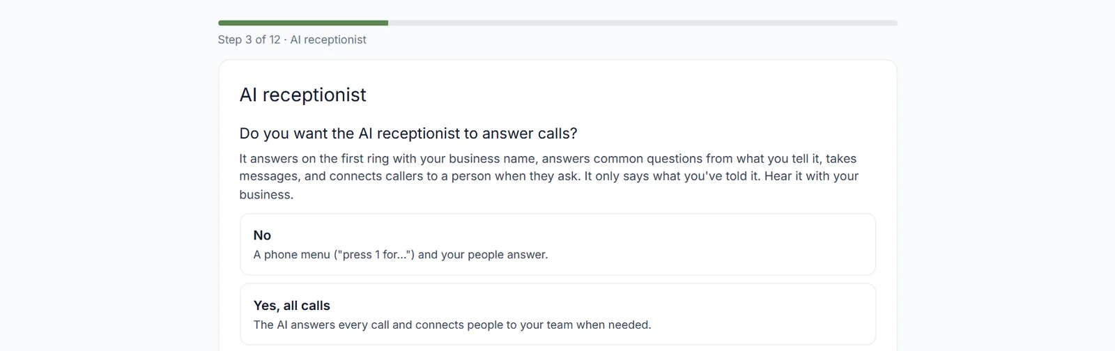 The free assisted setup questionnaire on step 3 of 12, asking whether the AI receptionist should answer calls, with a plain-English description of each choice
